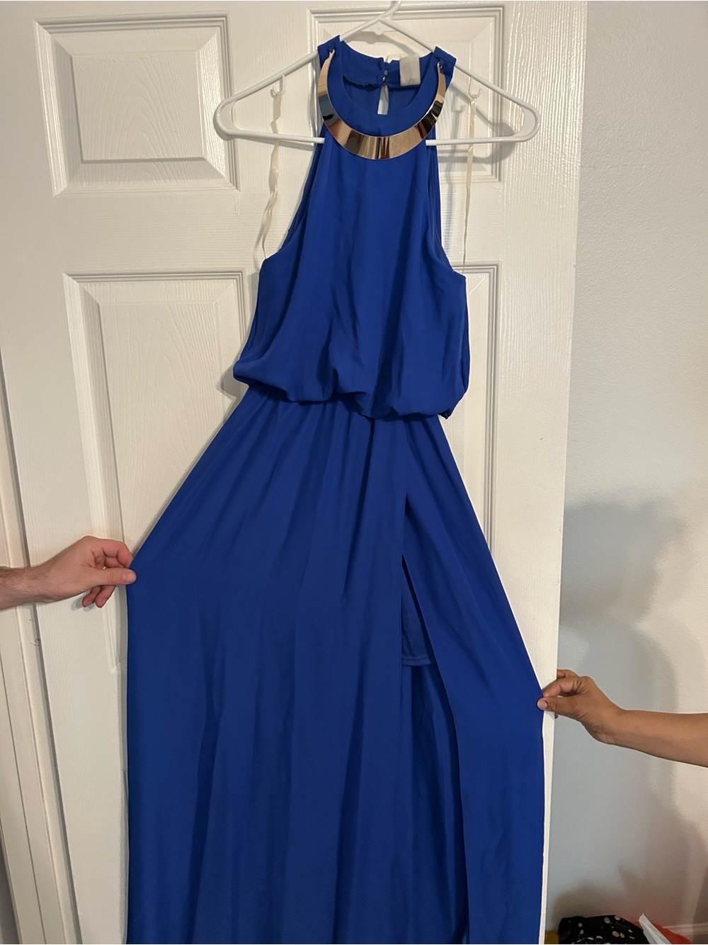 Women’s Royal Blue Halter Maxi Dress with Metal Accent